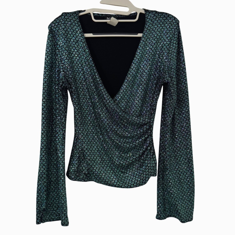 VTG MSK Sequin Flared Long Sleeve Top S‎ Teal Y2K Mermaidcore Glam Ethereal